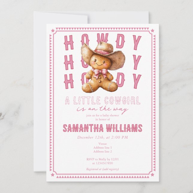 Lil Cowgirl Gingerbread Christmas Pink Baby Shower Invitation (Front)