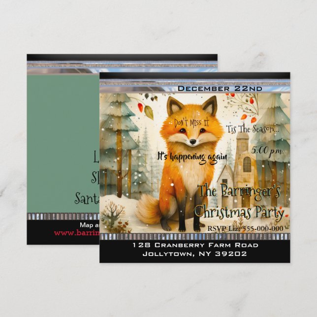 Lil Fox Sitting in Snow Christmas Party Invitation (Front/Back)