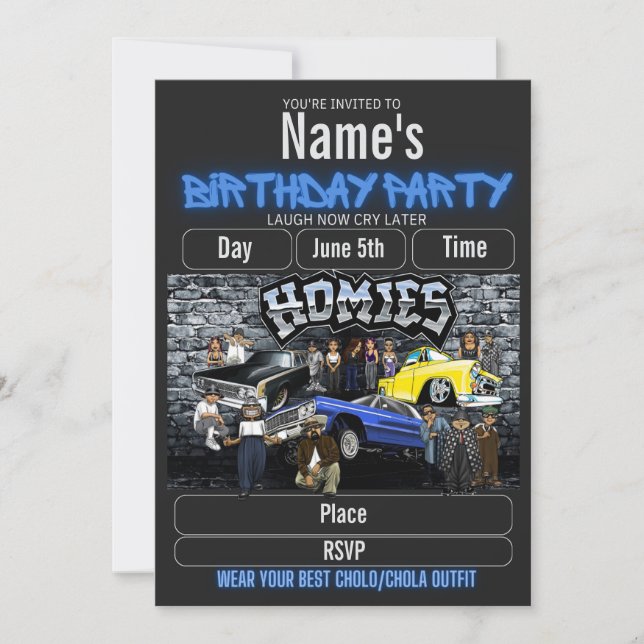 Lil Homies Birthday Invitation, Cholo 90s Theme  Invitation (Front)