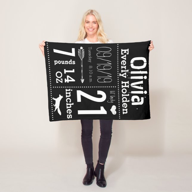Lil' Lady Fox Any Colour Baby Birth Stats Fleece Blanket (In Situ)