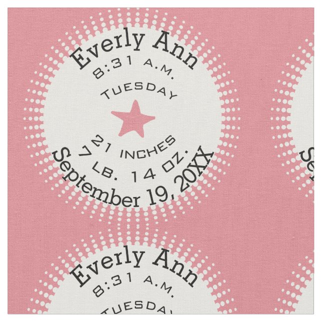 Lil' Lady Pink Star Birth Record Stats Fabric (Close Up)