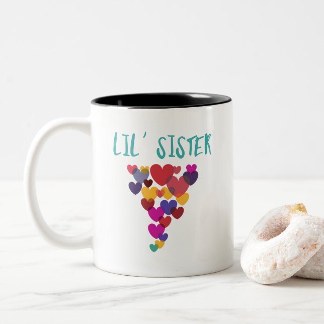 Lil' Little Sister Love Floating Hearts Two-Tone Coffee Mug (With Donut)