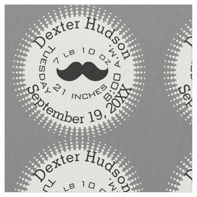 Lil' Man Black Moustache Birth Record Stats Fabric (Close Up)