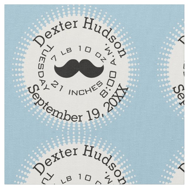 Lil' Man Black Moustache Birth Record Stats Fabric (Close Up)