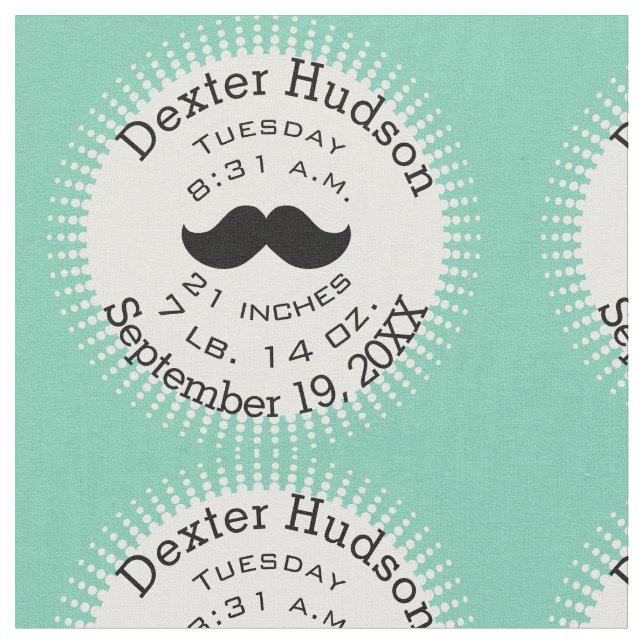 Lil' Man Black Moustache Birth Record Stats Fabric (Close Up)