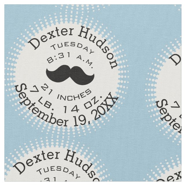Lil' Man Black Moustache Birth Record Stats Fabric (Close Up)