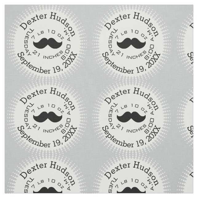Lil' Man Black Moustache Birth Record Stats Fabric (Swatch)