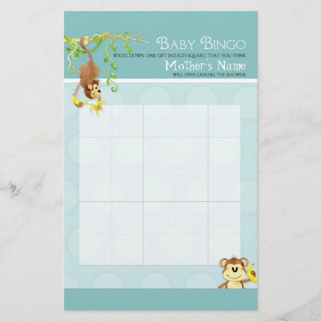 Lil Monkey,  Baby Boy Shower Bingo n Scramble Game (Front)