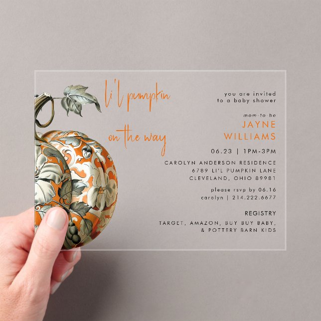 Li'l Pumpkin Baby Shower Acrylic Invitations (Insitu (Handheld))