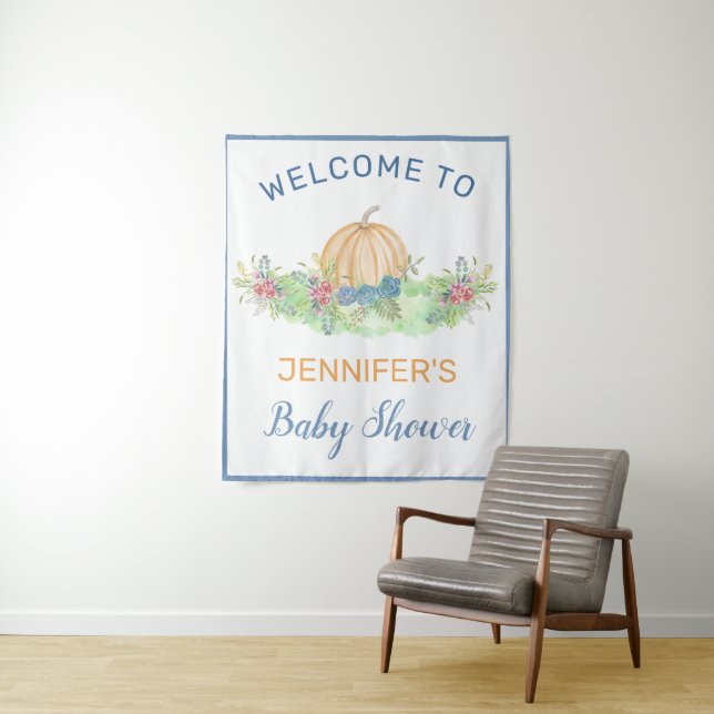 Lil' Pumpkin Blue Fall Floral Baby Shower Welcome Tapestry (In Situ)