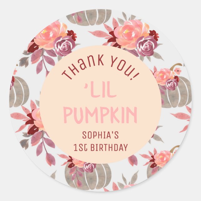  'Lil Pumpkin Floral 1st Birthday Party Thank You  Classic Round Sticker (Front)
