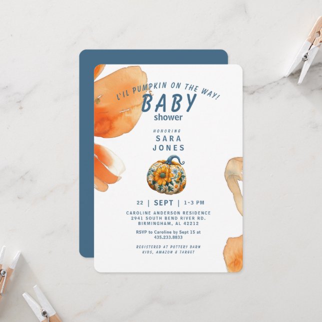 L'il Pumpkin on the Way Fall Baby Shower Invitation (Front/Back In Situ)