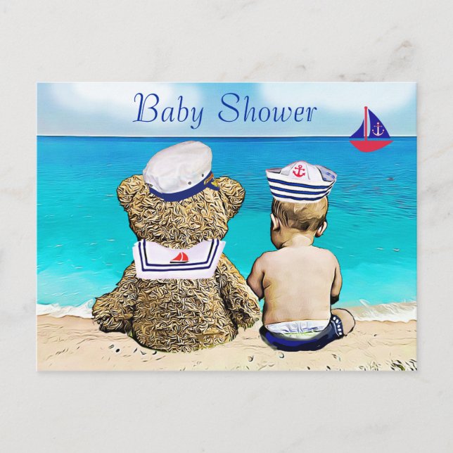 Lil' Sailor and Teddy Bear Baby Shower Invites Postcard (Front)