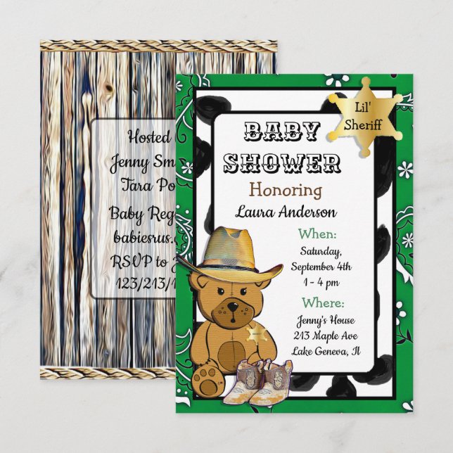 Lil' Sheriff Teddy Bear Cowboy  Baby Shower Invitation (Front/Back)