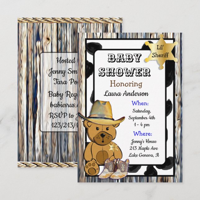 Lil' Sheriff Teddy Bear Cowboy  Baby Shower Invitation (Front/Back)