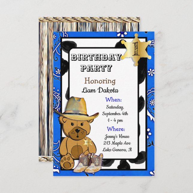 Lil' Sheriff Teddy Bear Cowboy Birthday Invitation (Front/Back)