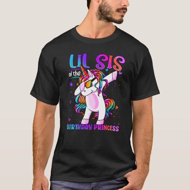 Lil Sis Of The Birthday Princess Dabbing Unicorn L T-Shirt (Front)