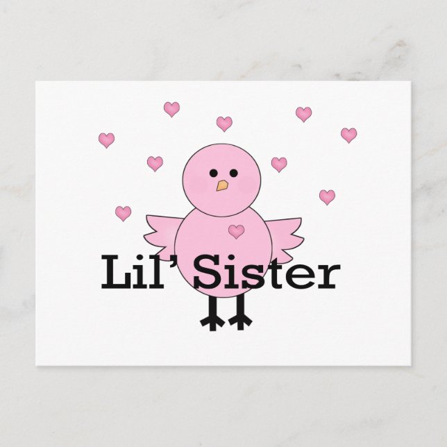 Lil' Sister Pink Chick & Hearts Postcard (Front)