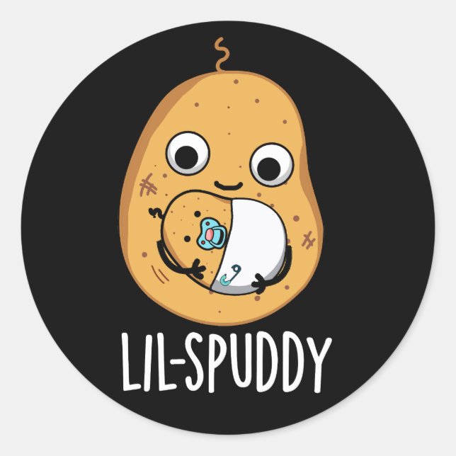 Lil Spuddy Funny Potato Pun Dark BG Classic Round Sticker (Front)