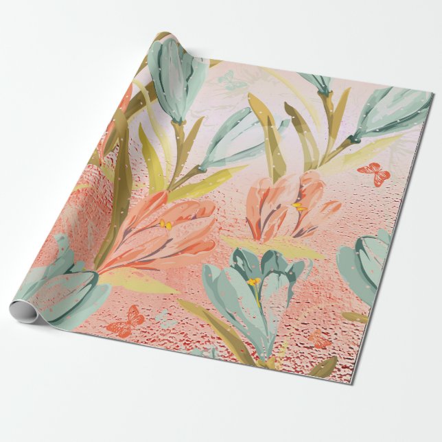 Lila Floral Gold Pink Rose Candy Pastel Shiny Wrap Wrapping Paper (Unrolled)