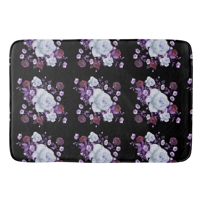 LILA FLOWERS,BLACK BACKGROUND BATH MAT (Front)