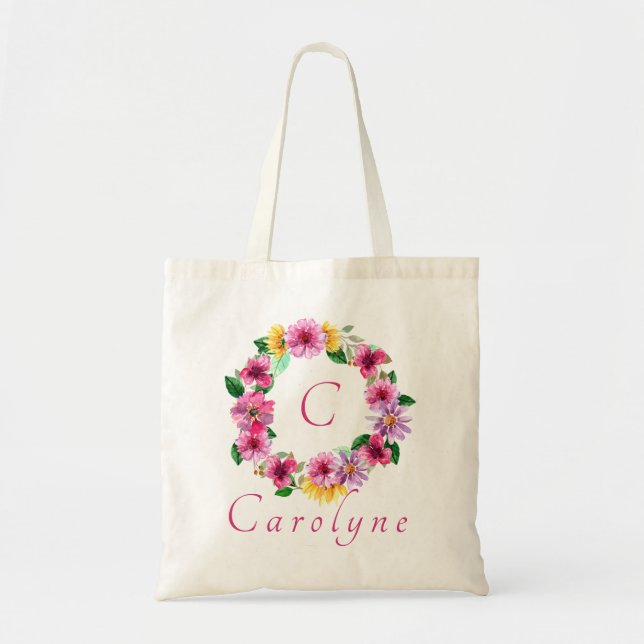 Lila Pink Floral Bridesmaid Monogram Name  Tote Bag (Front)