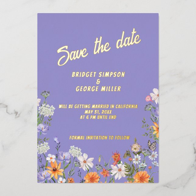 lila wildflower summer wedding save the date (Front)