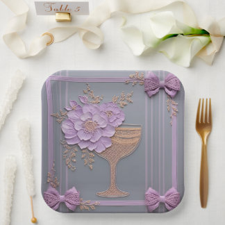Lilac 3D Effect Flowers & Rose Gold Lace Paper Plate