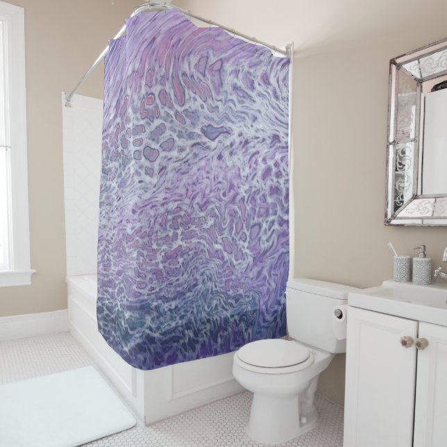 Lilac Acrylic Pouring Abstract Fluid Art Shower Curtain (In Situ)
