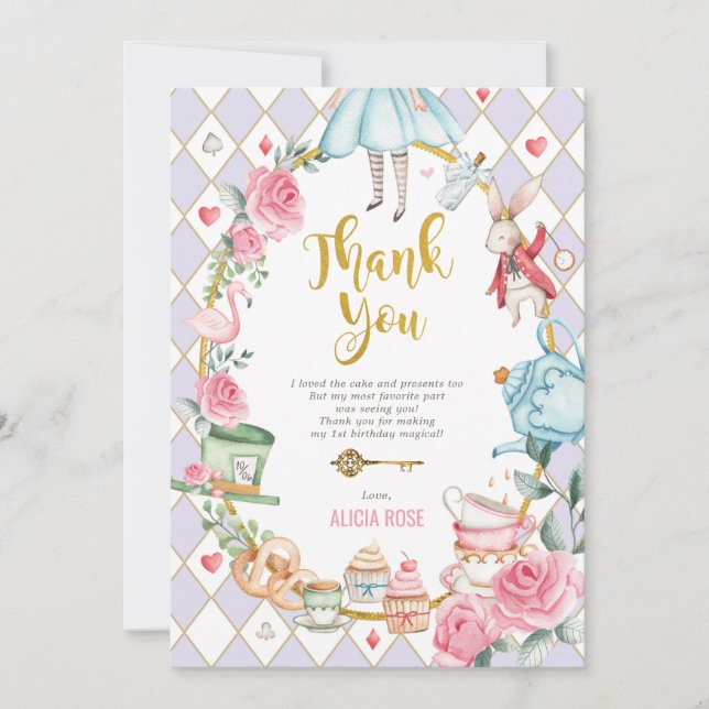 Lilac Alice in Wonderland Tea Party Thank You Card (Front)