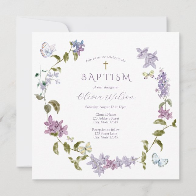 Lilac and Butterflies Baptism Invitation (Front)