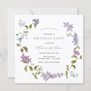 Lilac and Butterflies Birthday Invitation