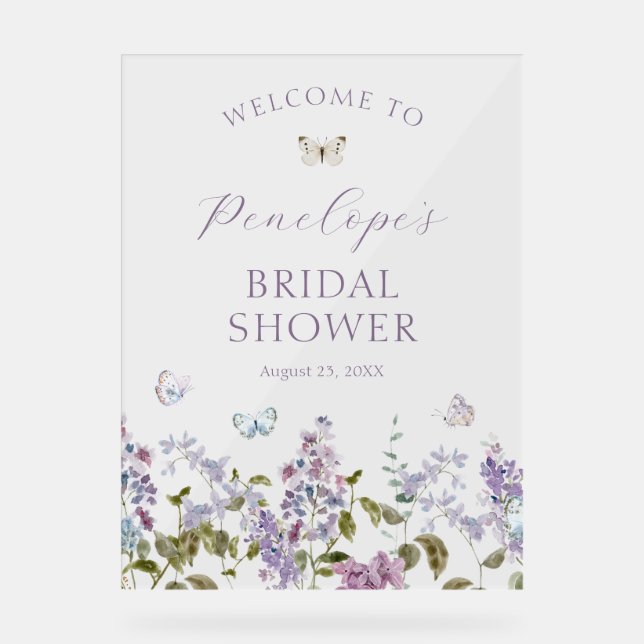 Lilac and Butterflies Bridal Shower Welcome Acrylic Sign (Front)