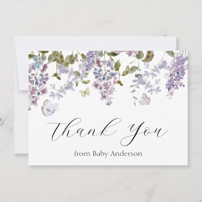 Lilac and Butterflies Shower Thank You Note Card (Front)