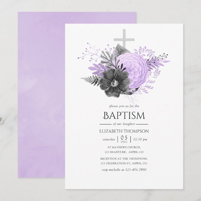 Lilac and Charcoal Floral Baptism Invitation (Front/Back)