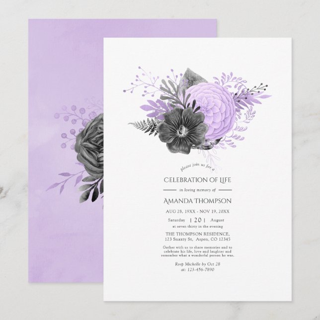 Lilac and Charcoal Floral Celebration of Life Invitation (Front/Back)