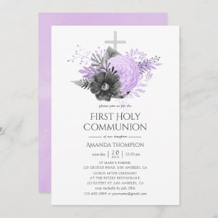 Lilac and Charcoal Floral First Holy Communion Invitation