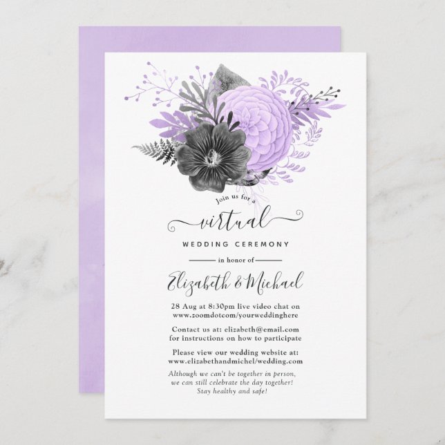 Lilac and Charcoal Floral Online Virtual Wedding Invitation (Front/Back)