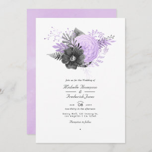 Lilac and Charcoal Floral  QR Code RSVP Wedding Invitation