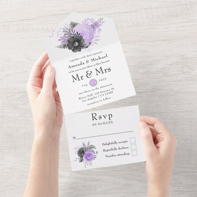 Lilac and Charcoal Floral Wedding All In One Invitation (Tearaway)