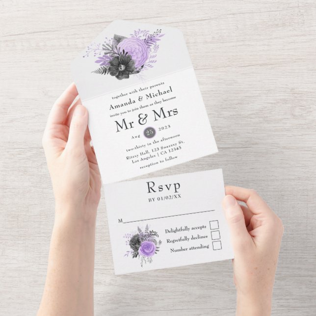 Lilac and Charcoal Floral Wedding All In One Invitation (Tearaway)