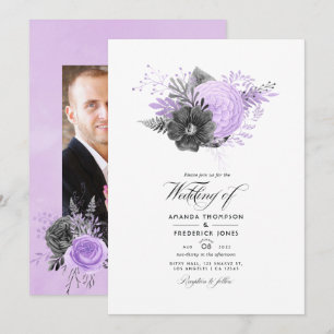 Lilac and Charcoal Floral Wedding Photo Invitation