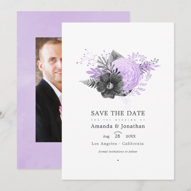Lilac and Charcoal Floral Wedding Photo Save The Date (Front/Back)