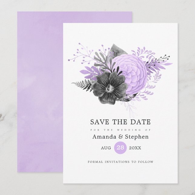 Lilac and Charcoal Floral Wedding Save The Date (Front/Back)