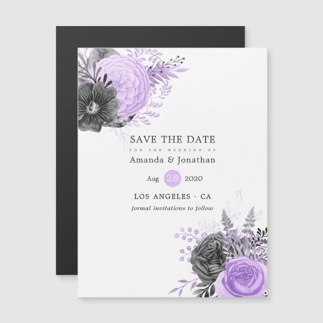 Lilac and Charcoal Floral Wedding Save the Date Magnetic Invitation (Front/Back)