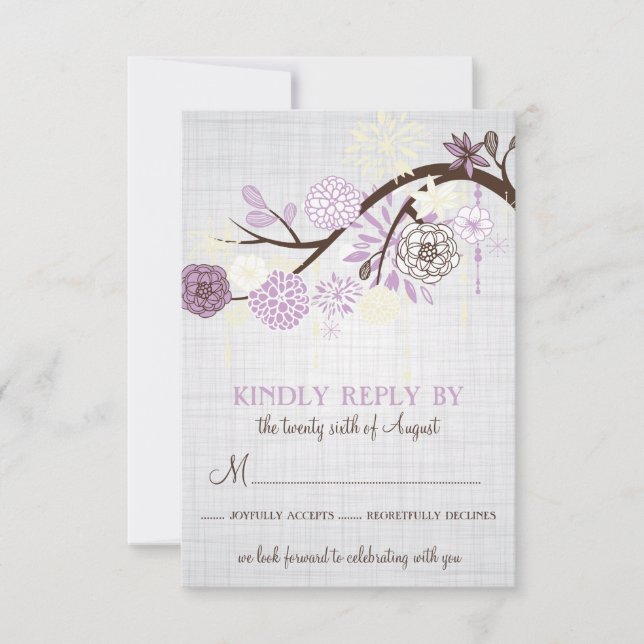 Lilac and Cream Flowers Rustic Wedding RSVP Card (Front)