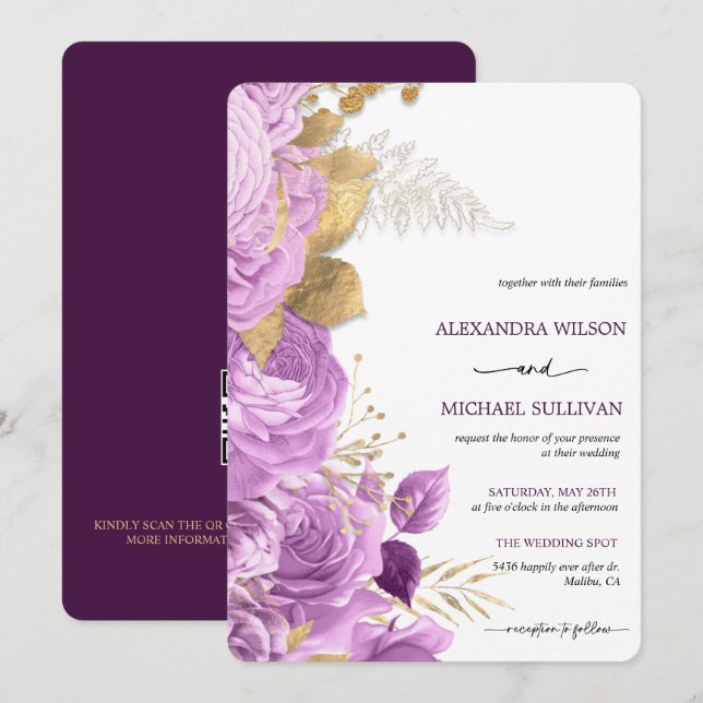 Lilac and Gold Floral   Elegant Wedding Invitation (Front/Back)