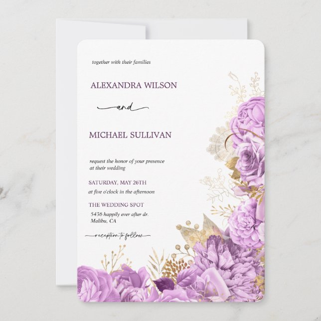 Lilac and Gold Floral   Elegant Wedding Invitation (Front)