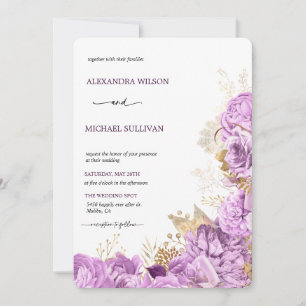 Lilac and Gold Floral   Elegant Wedding Invitation