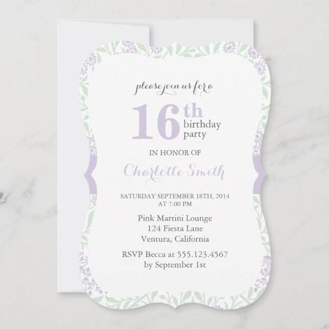 Lilac and Green Floral Pattern Birthday Invitation (Front)